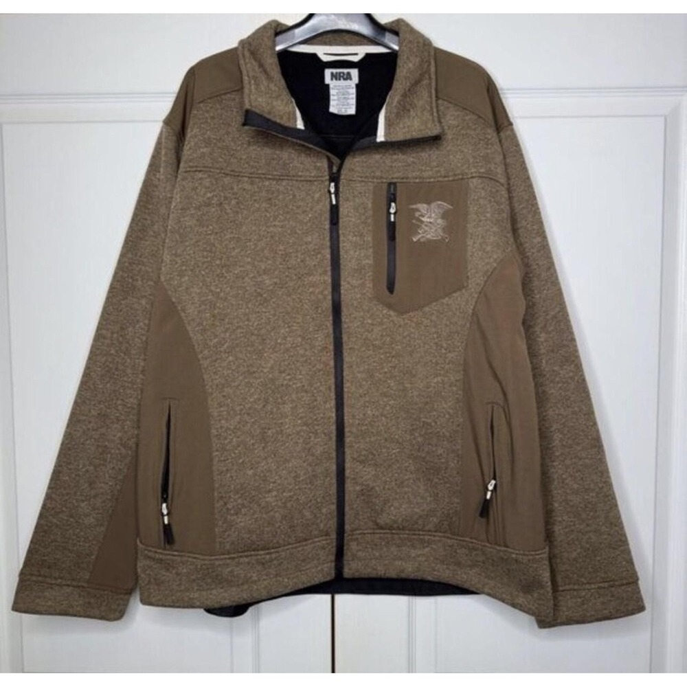 NRA Jacket Mens 2XL Brown Fleece Lined Windbreaker Full Zip Pockets Logo Hunting